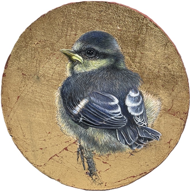 Learning to Fly, 2024 – Miniature oil painting with gold leaf, 10 cm diameter – Ginny Page